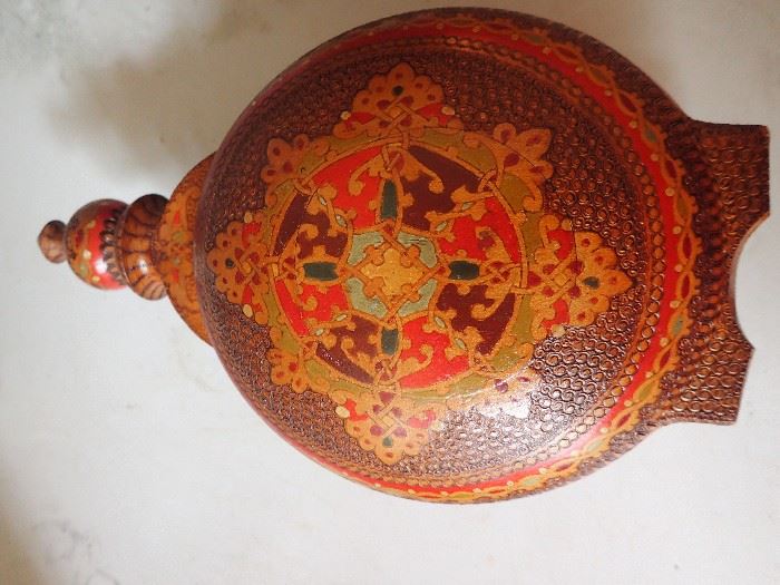 HUNGARIAN WOODEN PYROGRAPHY WINE FLASK