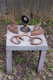 Antique Irons, Horse Shoes and Bronze Light Sconce