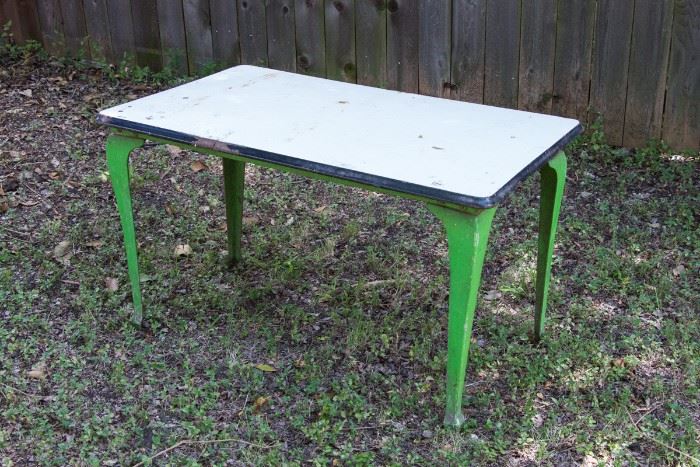 Cast Iron Leg Enamel Tin Top (married) Table 23"H x 40.5 L x 24.5" W  $135.00