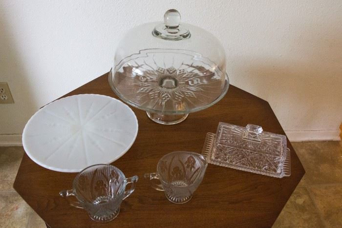 Cake Stand & Cover   $49.00                                                    Iris Pattern Cream & Sugar Set   $19.50                                Antique Crystal Butter Dish   $27.00                                      White Cake Stand  $22.50