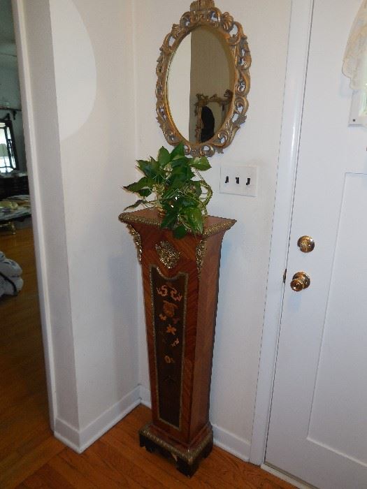 European Wood Inlay pedestal stand and gold mirror