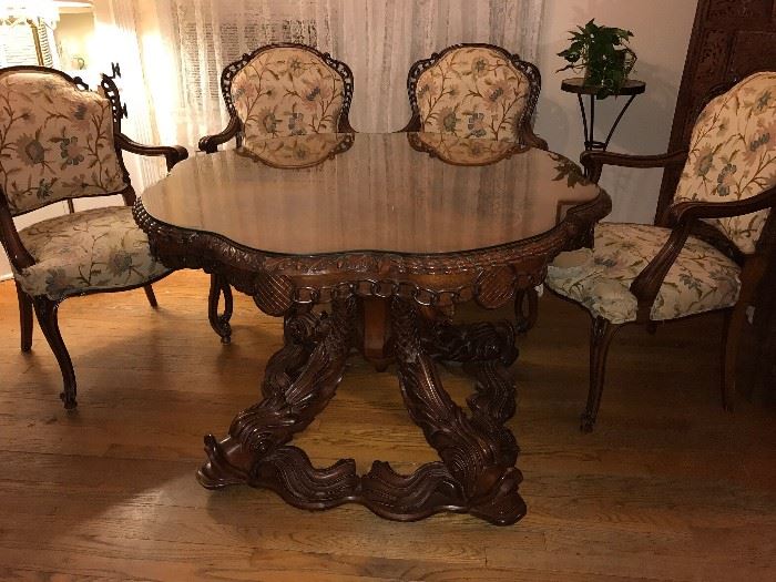 Italian Wood Intricate Carved Table 4 Chairs