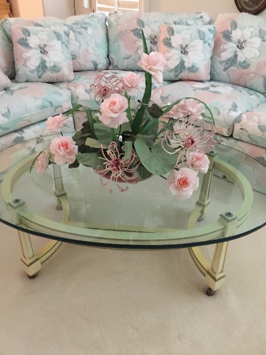 French Provincial oval glass top table