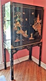 Baker Chinoiserie Black Lacquer Liquor Cabinet