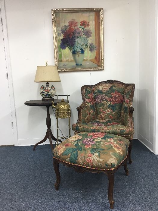 Quality Period Antiques and Original Art. French Louis XV arm chair and ottoman, and an English Victorian brass spirit kettle teapot on brass burner warmer stand by Soutter and Son