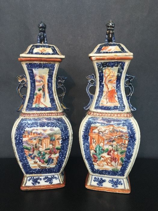 Pair of antique Chinese Porcelain Export Vases Baluster Form with lids, late 18th century. These have been in the family's possession for over 50 years