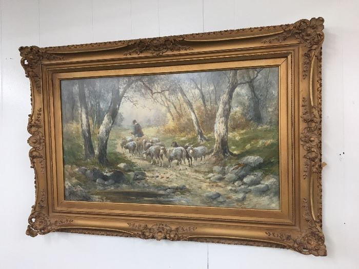 Framed Water Color painting behind glass, Sheep with Herder  by Hugo Fisher (1854-1916), signed by artist