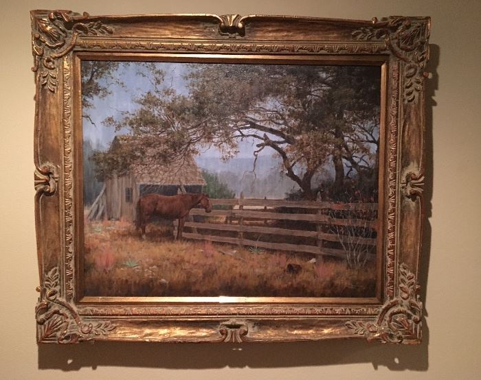 Framed original painting by Texas western artist, Martin Grelle titled 'Approaching Rain'' from 1976.  This is an early example of his work.  It an oil on canvas,  signed,  H 24 ins x W 30 ins.  (This Martin Grelle painting will not go to 1/2 off in price)                    Pink Sign Estate Sale: Corsicana, TX July 19th - 22nd, 2017