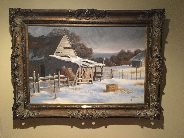 Framed original painting by Texas western artist, Martin Grelle titled 'Another Day' from 1975. It is an example of his early work.   It an oil on canvas,  signed,  H 24 ins x W 36 ins.   (This Martin Grelle painting will not go to 1/2 off in price)                 Pink Sign Estate Sale: Corsicana, TX July 19th - 22nd, 2017