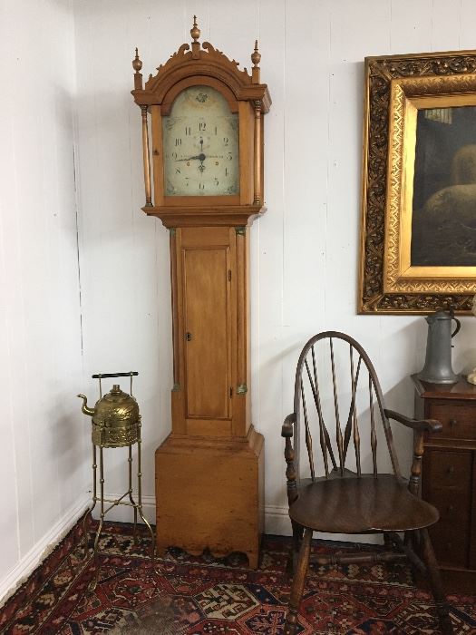 Circa 1820 Seth Thomas Longcase clock with wood movements, cabinet in style associated with New England.   The weights are missing so the clock does not currently run.  The wooden movements had been removed some time back and replaced by a battery operated movement.   I found the original movement packed away in a box of used office phones.  I removed the battery operated movement and put the wood movement back in its rightful place.                     Pink Sign Estate Sale: Corsicana, TX July 19th - 22nd, 2017