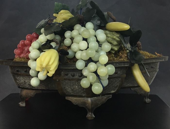 Chinese Jade Buddha Fruit, grapes and bananas in a Chinese Bronze Planter Base (The red grapes are rubber)