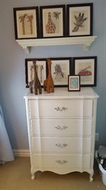 Vintage 4 Drawer Dresser Painted White  with Framed Giraffe Pictures above