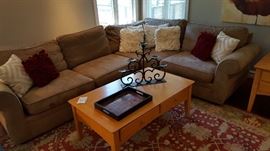 Pottery Barn L Shape tan Sectional w/Maple Wood Coffee Table