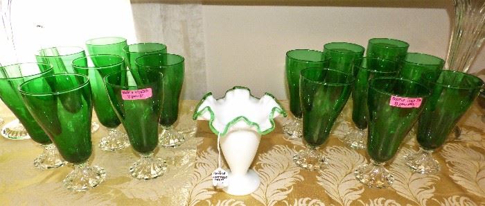 Boopie emerald Iced Tea glasses, Fenton Emerald Crest ruffle vase
