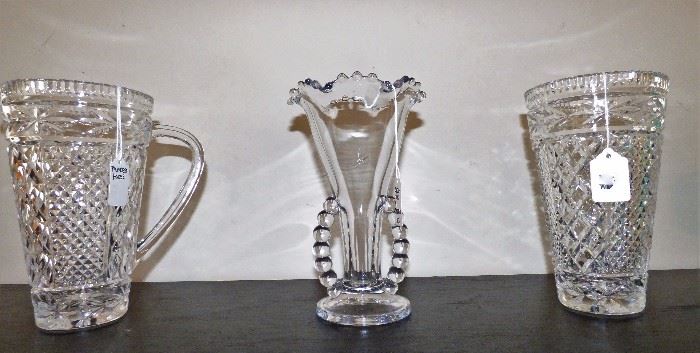 Candlewick crystal vase in center, Princess House crystal pitcher and vase
