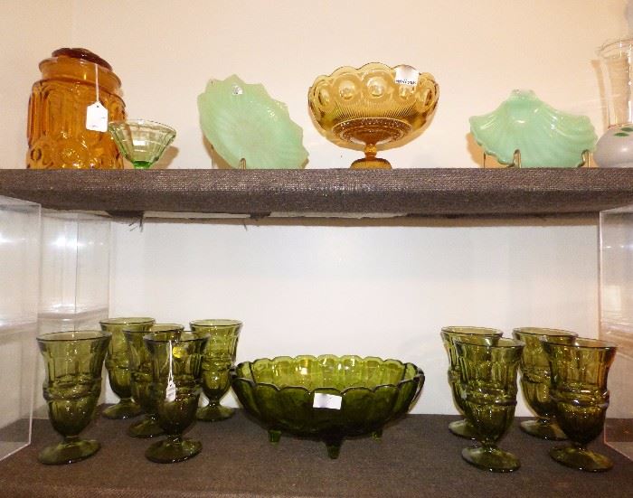 L. E. Smith "Moon & Stars" canister & compote, Jadeite dish & shell dish, Fostoria "Argus" Iced Tea Glasses (ALL vintage)