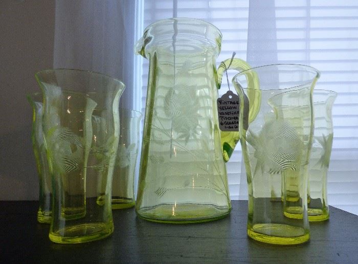 Depression Era Yellow Vaseline glass pitcher with 6 glasses (1 as is)