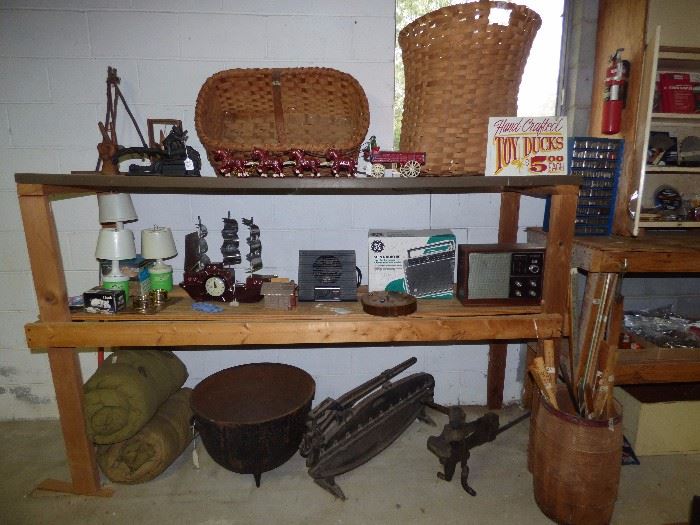 Woven splint cotton basket & gathering basket, cast iron kettle, antique cast iron asbestos cutter, more