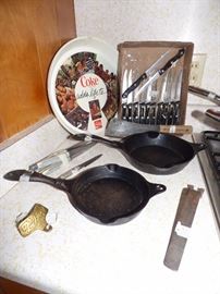 Basics Tools of the Trade cast iron skillets, Coca Cola trays