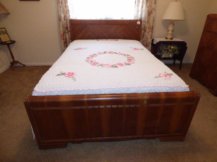 Full "Waterfall" bed, part of 3 Piece suite with exceptional vintage chenille bedspread
