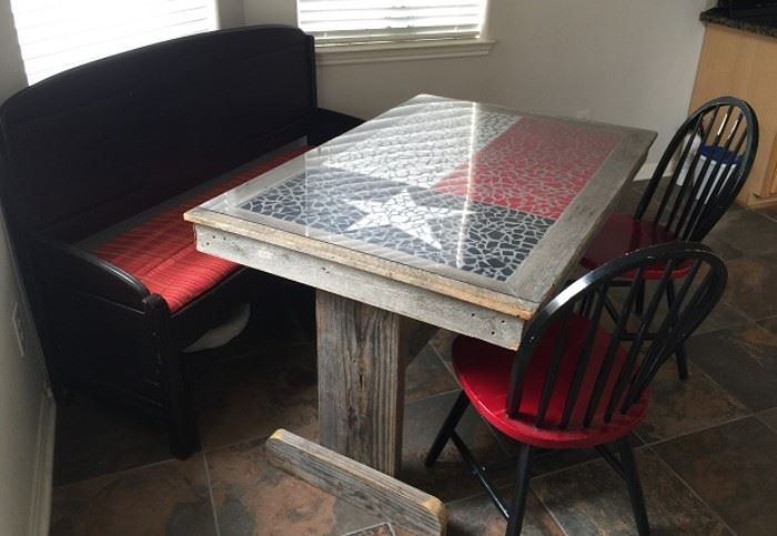 Black Painted Bench with Red Cushion Seat, Trestle table with a Texas Flag Mosaic Table Top and 2 Black and Red Painted Side Chairs 