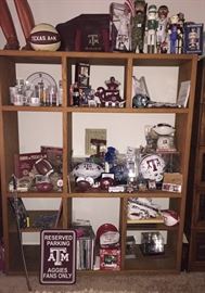 Oak Book/Display Etagere with an overall look at the Texas A&M Memorabilia Displayed