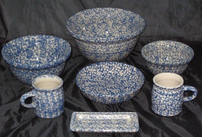 "The Workshop" Gerald E. Henn Blue Spongeware Pottery: Mixing Bowl Set (3 piece), 2 Mugs, Round 7" Shallow Serving Bowl and Butter Dish