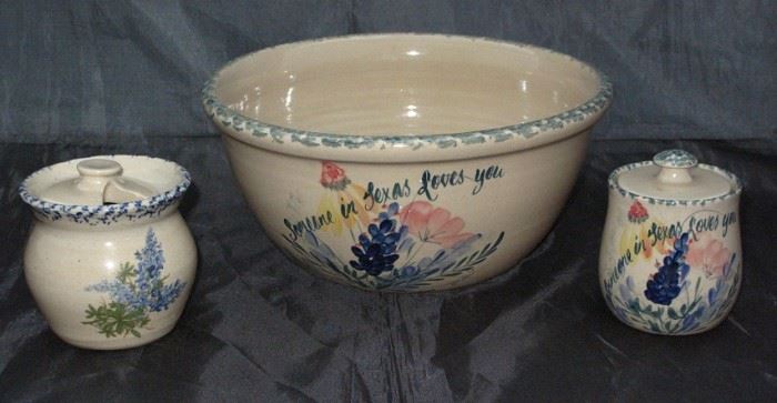 Marshall Pottery "Yesteryears" Hand Painted "Someone in Texas Loves You" Mixing Bowl, Sugar Bowl with Lid and Handpainted Blue Bonnet Jam Jar