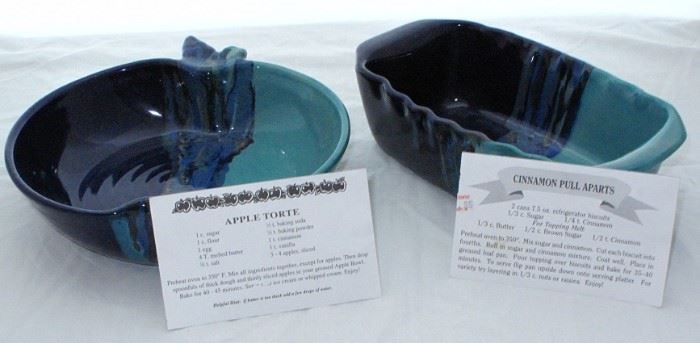 Never Pottery Cobalt & Turquoise Glazed "Apple Torte" Dish with Recipe and Loaf "Cinnamon Pull Aparts" Pan with Recipe