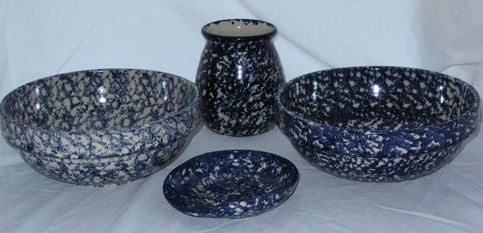 Marshall Texas Pottery Blue Sponge Ware Large Bowls, Utensil Jar and Spoon Holder 