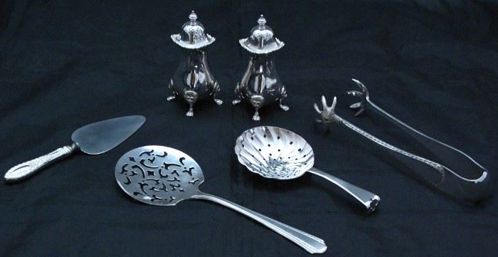 MS Hallmark England Footed Salt & Pepper Shaker. Berry &I Could. Sterling Hollow Handle Cheese/Pâte' Knife, Carlton 1932 "Mansfield" Sillverplate Slice Tomato Server, Benedict Mfg. Julip/Toddy Spoon and Ice Tongs