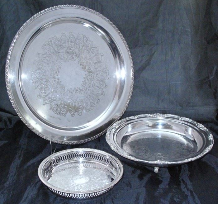 Rogers Silverplate Large 15" Serving/Punch Bowl Tray, Footed 9" Pie Plate Server and Pierced 8" Gallery Tray