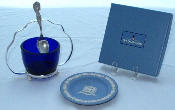 Cobalt Blue Glass Condiment Server with Silverplate Caddy shown with a Sterling "Francis I" Demitasse Spoon, Wedgwood City of London Crest 6" Plate with original box.