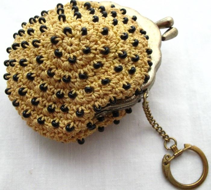 Vintage Made in Japan Crochet Beaded Coin Purse Key Chain