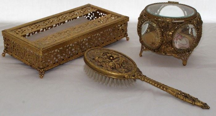 Vintage Brass Filigree Tissue Caddy, Stylebuilt 24kt Gold bevel Crystal Panes Vintage Vanity/Trinket Box and Cameo Floral Hair Brush 