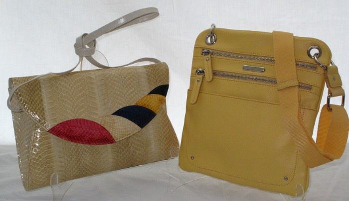 J. Renée' Vintage Écru with Red, Blue and Yellow Snake Skin Handbag.  Tyler Rodan Yellow Messenger Bag.