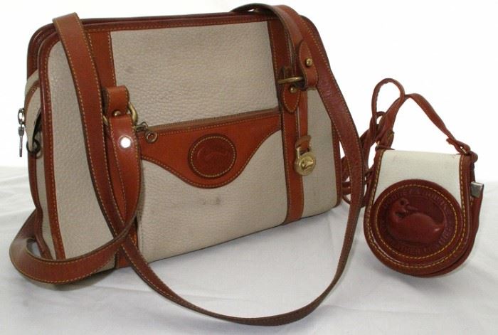 Dooney & Bourke Vintage All Weather Leather Beige and Brown Zipper Closure Shoulder Strap Handbag and a White with Brown All Weather Leather Shoulder Strap ID/Coin Purse