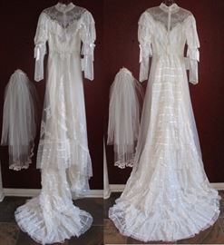 Beautiful Vintage 1980's Wedding Dress with Matching Veil.  2 Views: Front & Back
