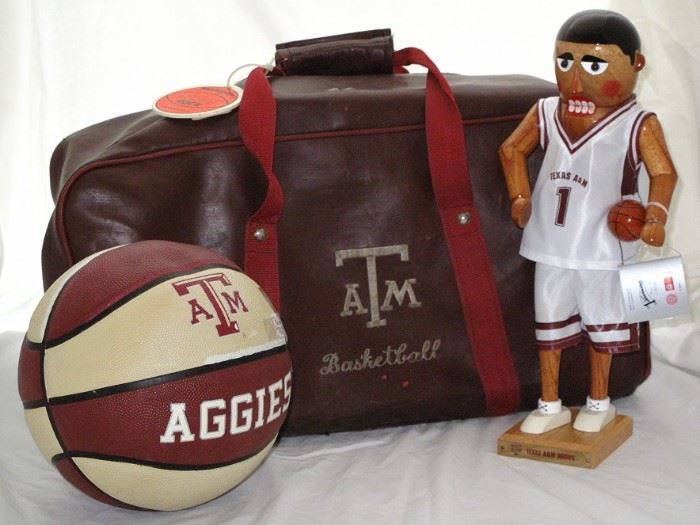 Texas A&M Mike "Radar" Ricke Basketball Athletic Trainer Vintage Leather Sports Bag, Maroon & White Basketball and a Limited Edition Sterling & Camille Wooden Nutcracker