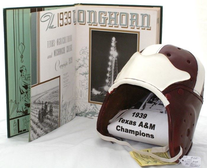 Texas A&M 1939 Longhorn Yearbook shown with a 1939 Championship Leather Football Helmet