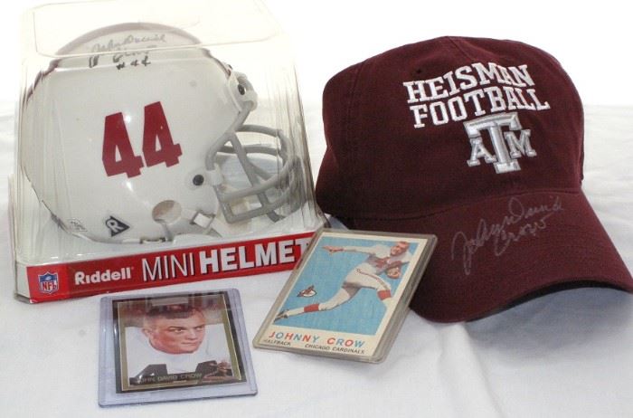 John David Crow 1959 Topps #105 & 1990's Texas A&M Heisman Tropy Winner Sports Cards and Autographed Riddell Mini Helmet and Texas A&M Heisman Football Cap