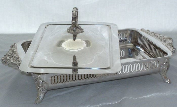 Showing Interior of Wallace "Baroque" Silverplate Retangular Covered Casserole 