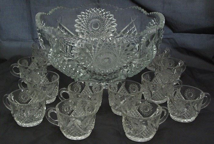 Vintage Hobstar Patterned Glass Punch Bowl with 12 Cups
