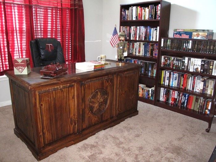 Texas Lone Star Medallion Solid Pine Executive Desk (66"W x 29"D x 32"H).  Also shown are wooden bookcases full of Military-History Books: United States, Army, Naval, Aviation, WWI, WWII and of Conflicts.