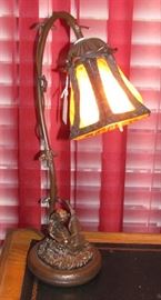 Girl with Cello Figural Bronze Finish Table Lamp with Slag Glass Shade. 