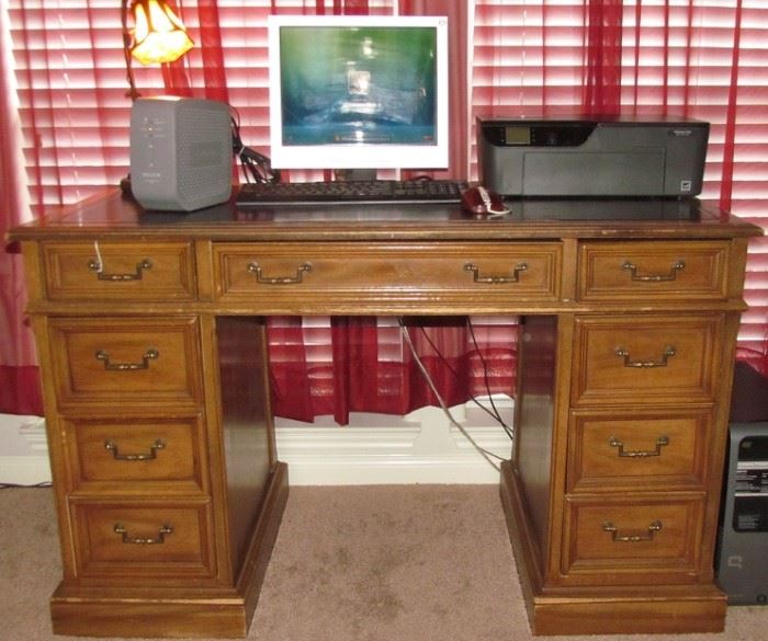 Vintage United Furniture Co. Student Desk shown with Mag Innovision Computer Monitor, GE Power Keyboard, Belkin Battery Backup and HP Printer