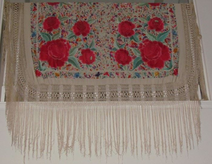Vintage Hand Embroidered Silk Piano Shawl, Signed. (62" with 28" Macramed Fringe, 90" overall)