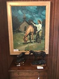 Bruce Greene "Little Lanterns of God" painting, G. Harvey "A Breed Apart" bronze, Grant Speed "Little Mustang Mare" bronze 