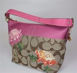 Lot 17. Coach Signature Khaki Pink Leather Floral Zip Bag