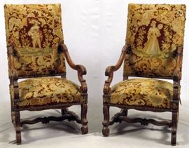 Lot#8, FRENCH HIGH BACK, WALNUT ARM CHAIRS, C1860, PAIR, H 47", W 26"A pair of French high back armchairs having needle and petit point tapestry fabric with finely carved acanthus leaves shaped armrests, stretchers and legs. Oversized, upholstery nail head trim, c1860. Copy of "Lady Primrose" label, Dallas, Texas.